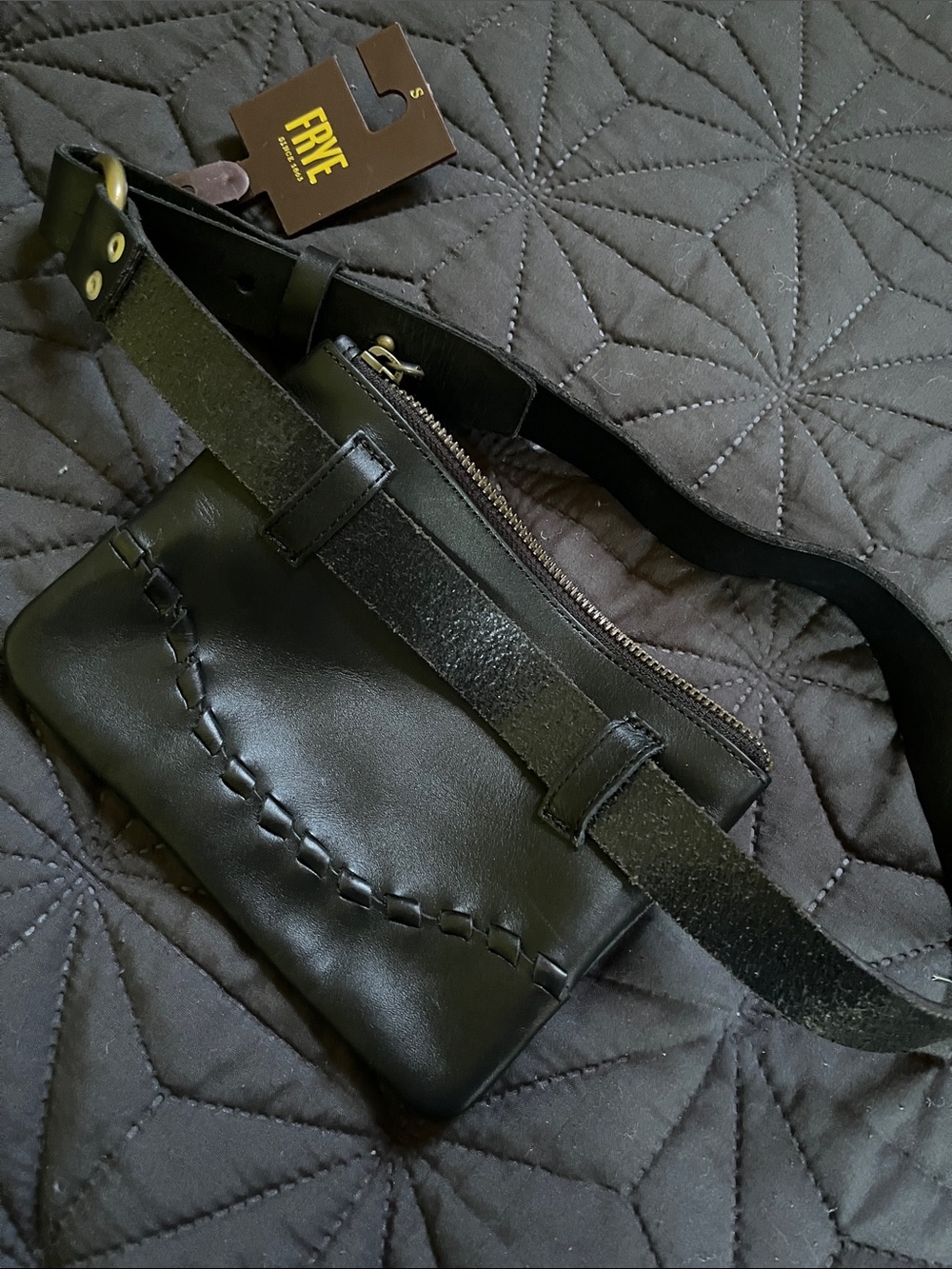 FRYE Black Leather Belt Bag with Stitch Detail